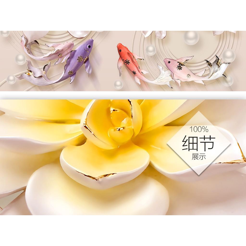 Tranh dán tường 3D hoa đá ngọc-cá trang trí phòng khách-phòng ngủ- Huyền Chi-chất liệu vải lụa