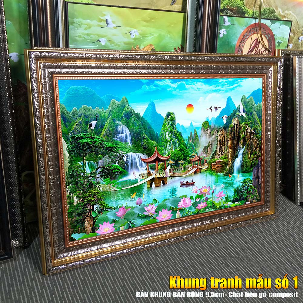 Tranh treo tường phòng khách, phòng ngủ SƠN THỦY HỮU TÌNH khung gỗ composit chất liệu pvc gương / lụa kim sa. MS:1726L9