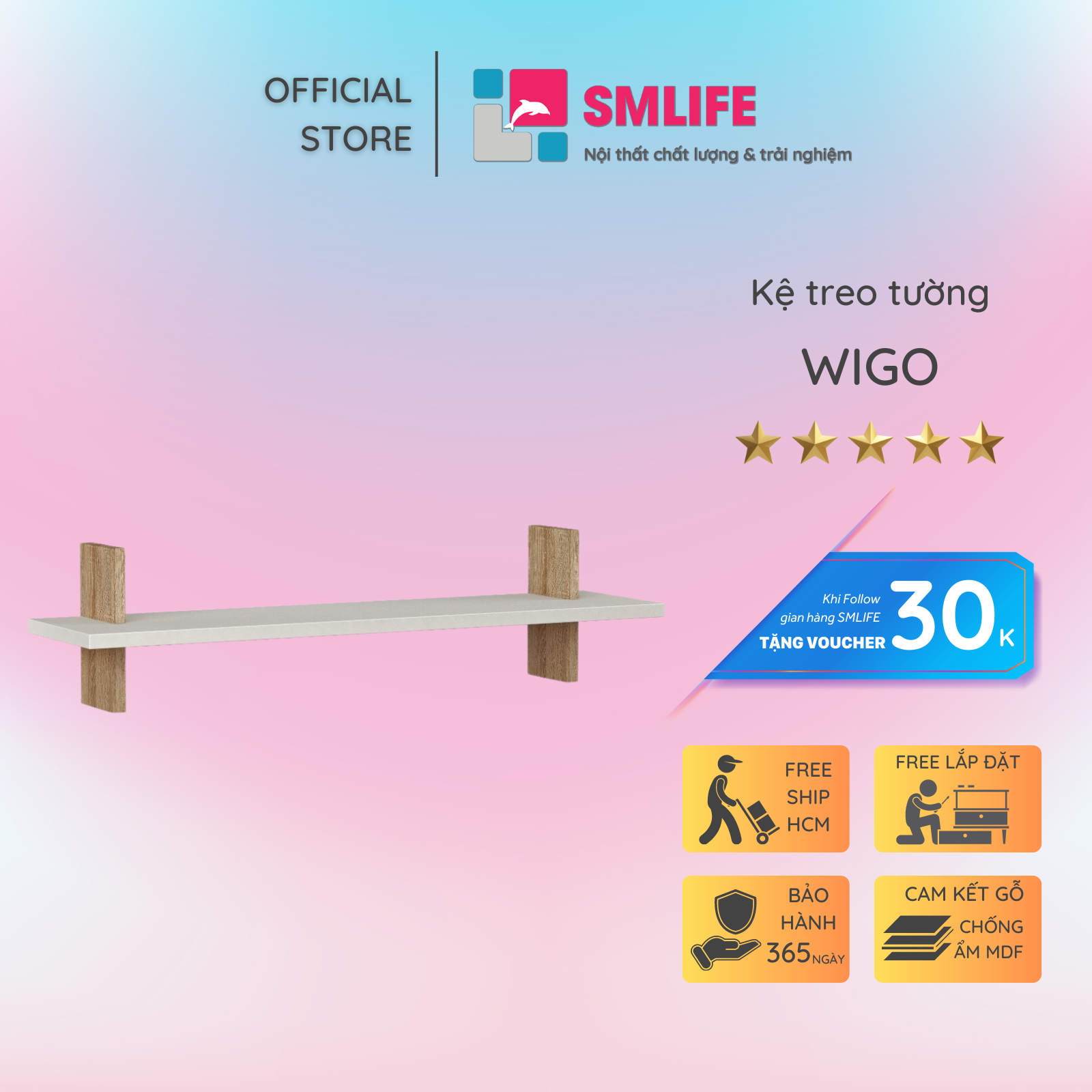 Kệ gỗ treo tường trang trí hiện đại SMLIFE Wigo | Gỗ MDF dày 17mm chống ẩm | D80xR20xC20cm