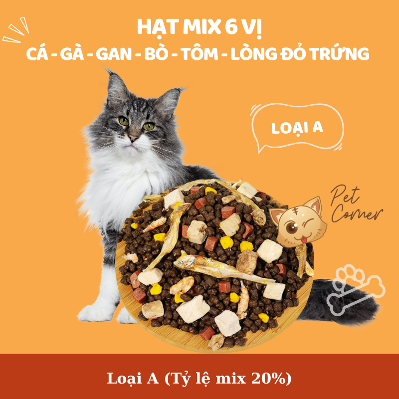 Hạt mix cao cấp cho mèo trộn thịt bò, gà, tôm, cá, lòng đỏ trứng, rau củ quả - Thức ăn hạt cho mèo kén ăn