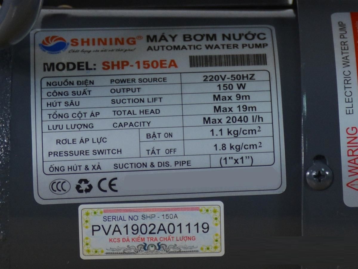 MÁY BƠM NƯỚC TĂNG ÁP TỰ ĐỘNG SHINING SHP-150EA