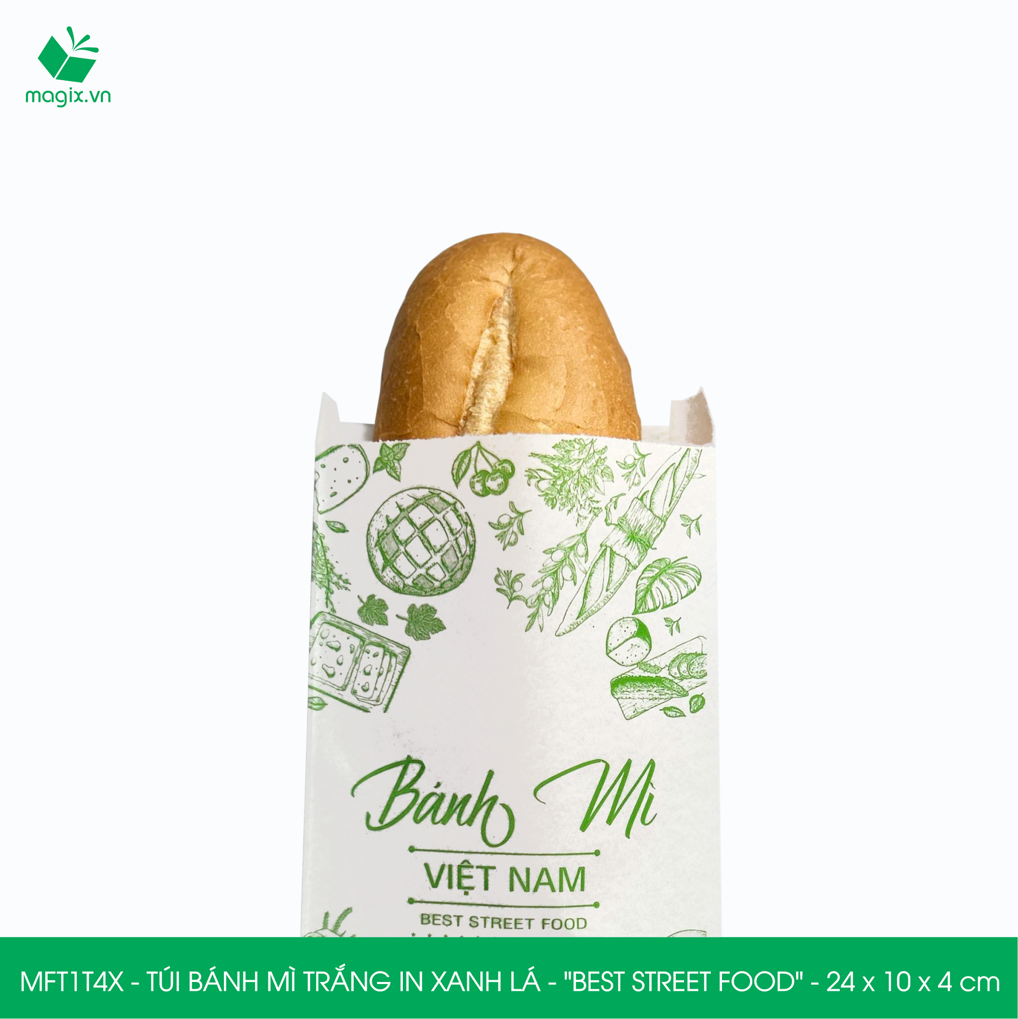 MFT1T4X - 24x10x4 cm - 100 Túi bánh mì Trắng, in sẵn họa tiết BEST STREET FOOD - Bao bánh mì Túi giấy thực phẩm an toàn