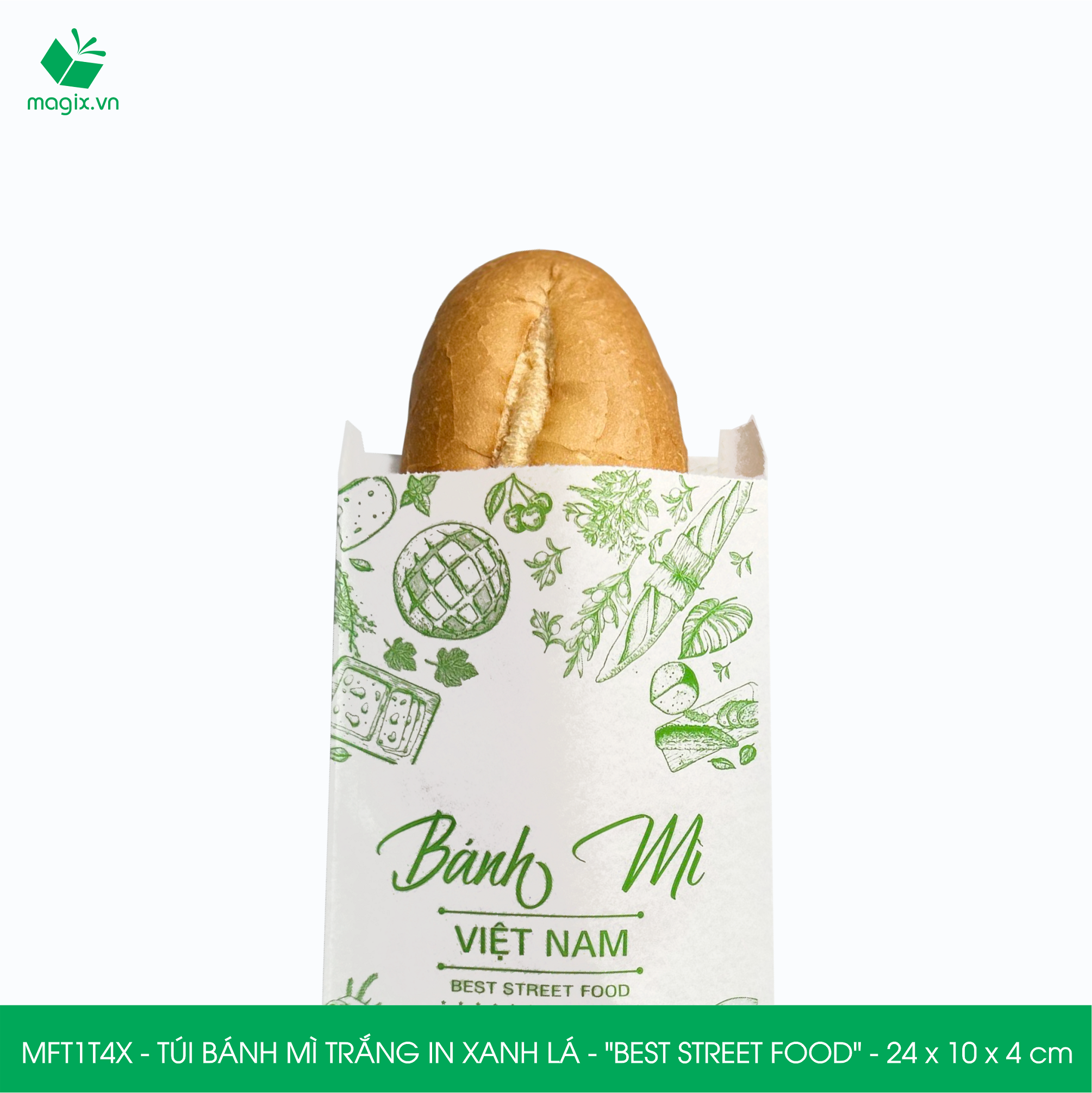 MFT1T4X - 24x10x4 cm - 1000 Túi bánh mì Trắng, in sẵn họa tiết BEST STREET FOOD - Bao bánh mì Túi giấy thực phẩm an toàn