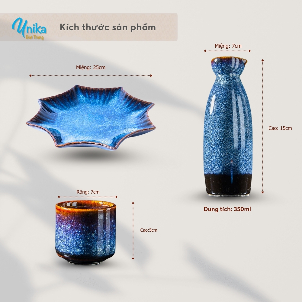 Bộ Bình Sake cao - Set sake men xanh hỏa biến - Gốm Unika Bát Tràng