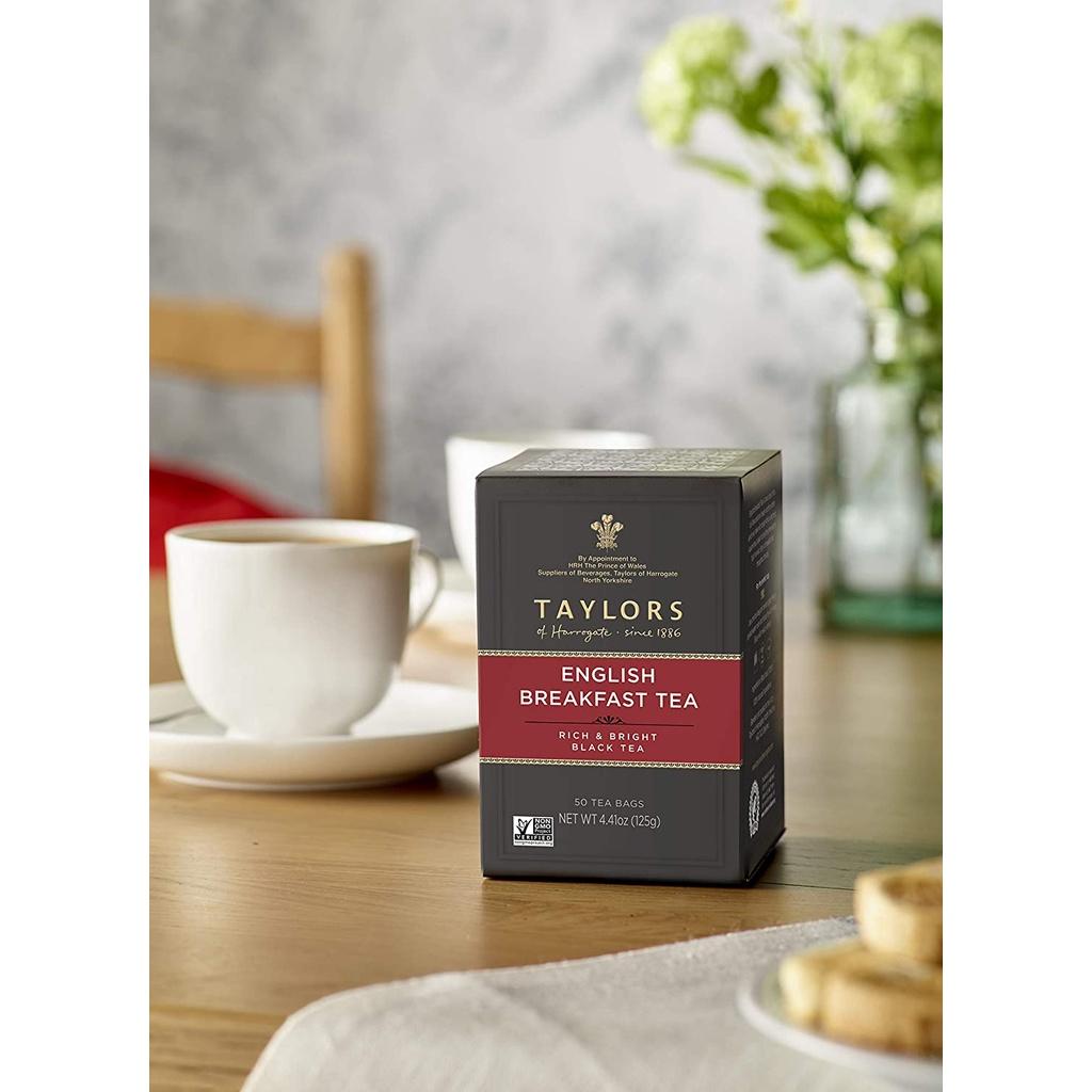 HỘP 50 TÚI LỌC TRÀ ĐEN KIỂU ANH Taylors of Harrogate English Breakfast, Black Tea, Rich &amp; Bright, Non-GMO, 125g