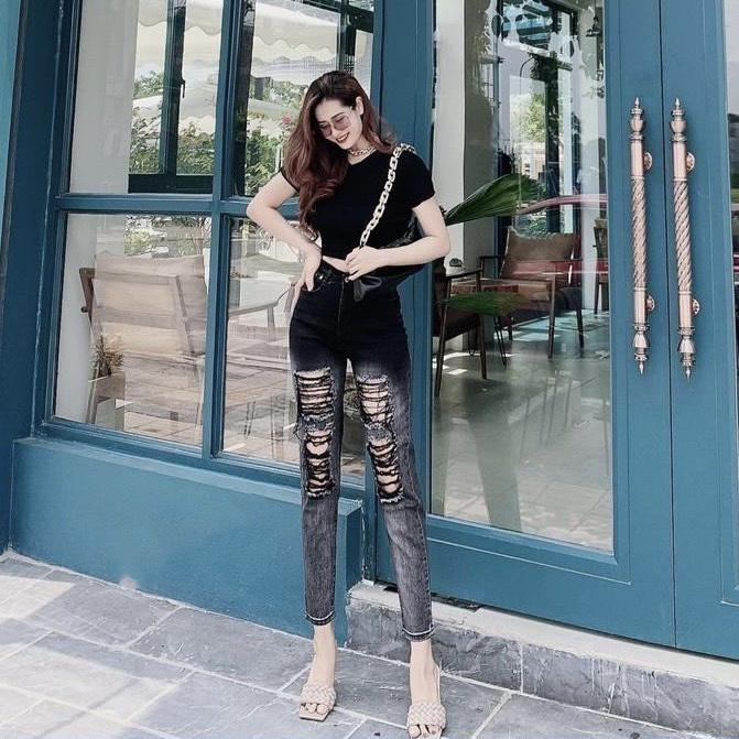 Quần jean dài phom Baggy/boyfriend co dãn mạnh, lưng cao, màu xám loang rách đẹp Siêu Phẩm