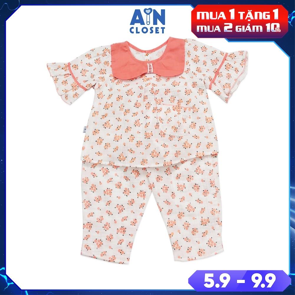 Bộ quần dài áo tay lỡ bé gái họa tiết Hoa cổ nơ cam xô muslin - AICDBGE6FYEP - AIN Closet