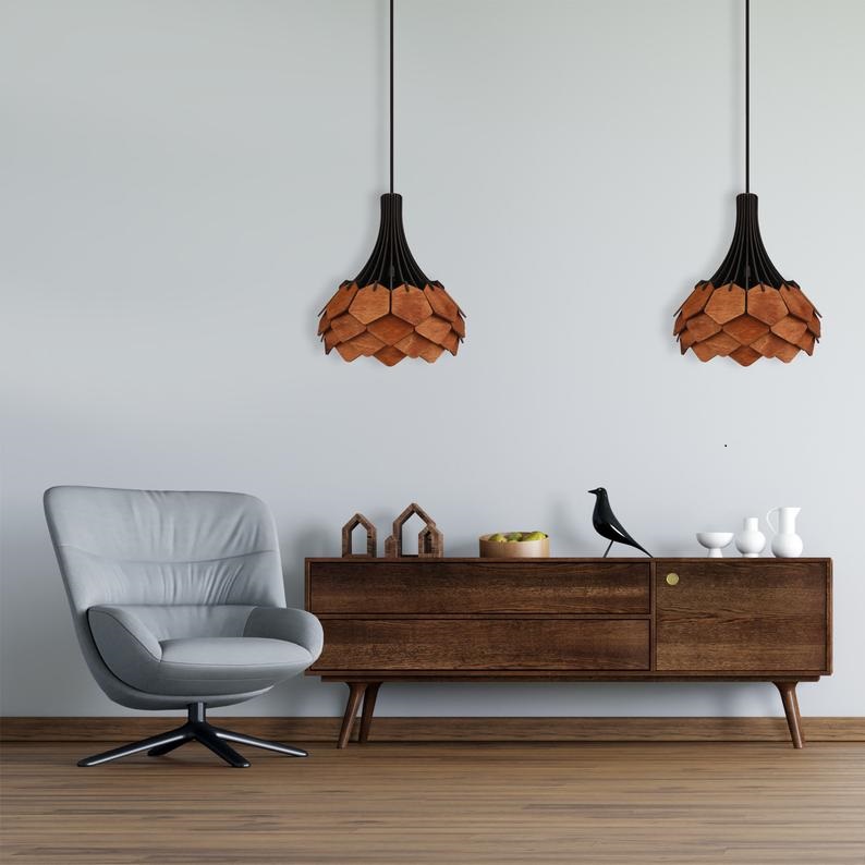 Đèn gỗ thả trần CAO CẤP hiện đại sang trọng 28x31cm chất liệu gỗ trang trí cho phòng khách nhà căn hộ decor nhà quán cafe