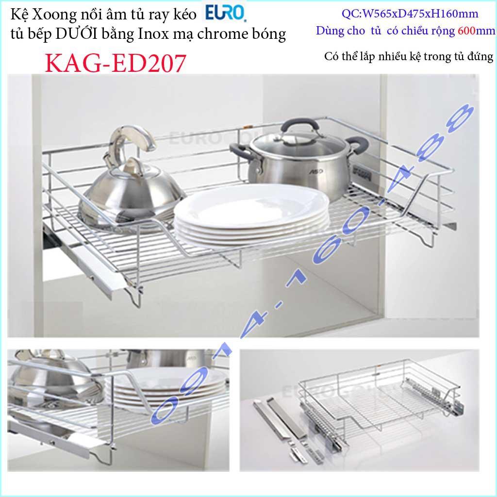 Kệ xoong nồi Euro KAG-ED207-60cm, giá xoong nồi inox âm tủ 60cm có ray giảm chấn tủ bếp dưới ray êm ái sử dụng tốt