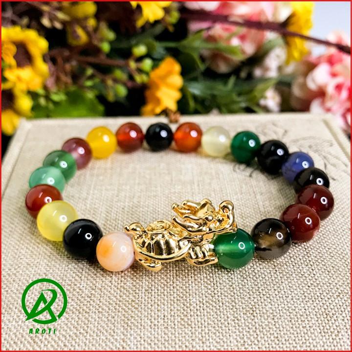 Vòng Tay Phong Thủy - Vòng Tay Mã Não 8mm Mix Long Quy Vàng Độc Lạ V379-8