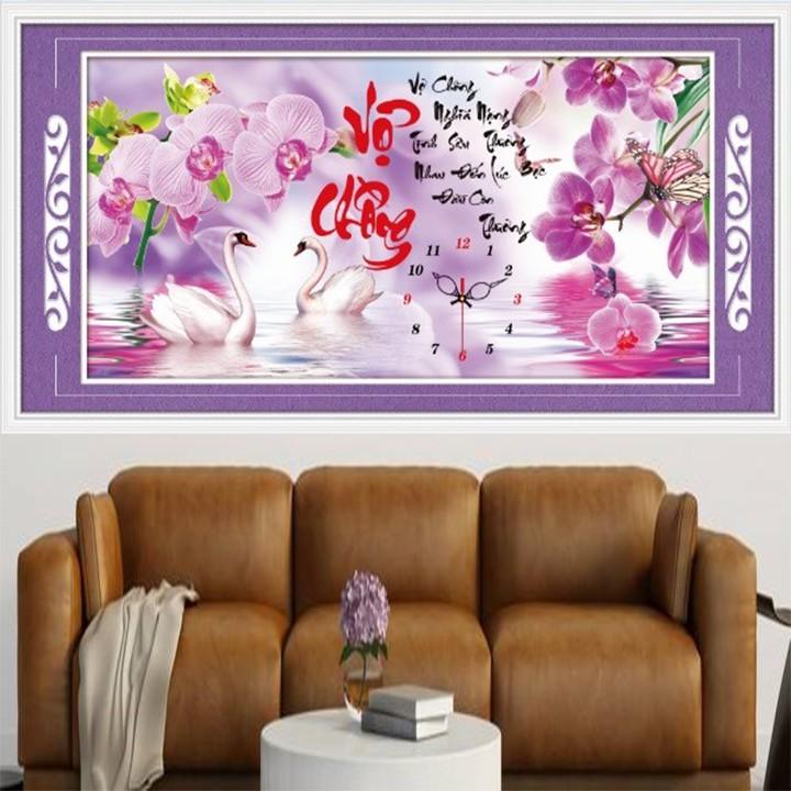 Tranh thêu vợ chồng thiên nga hoa lan tím 88902 - kích thước: 95 * 50cm.