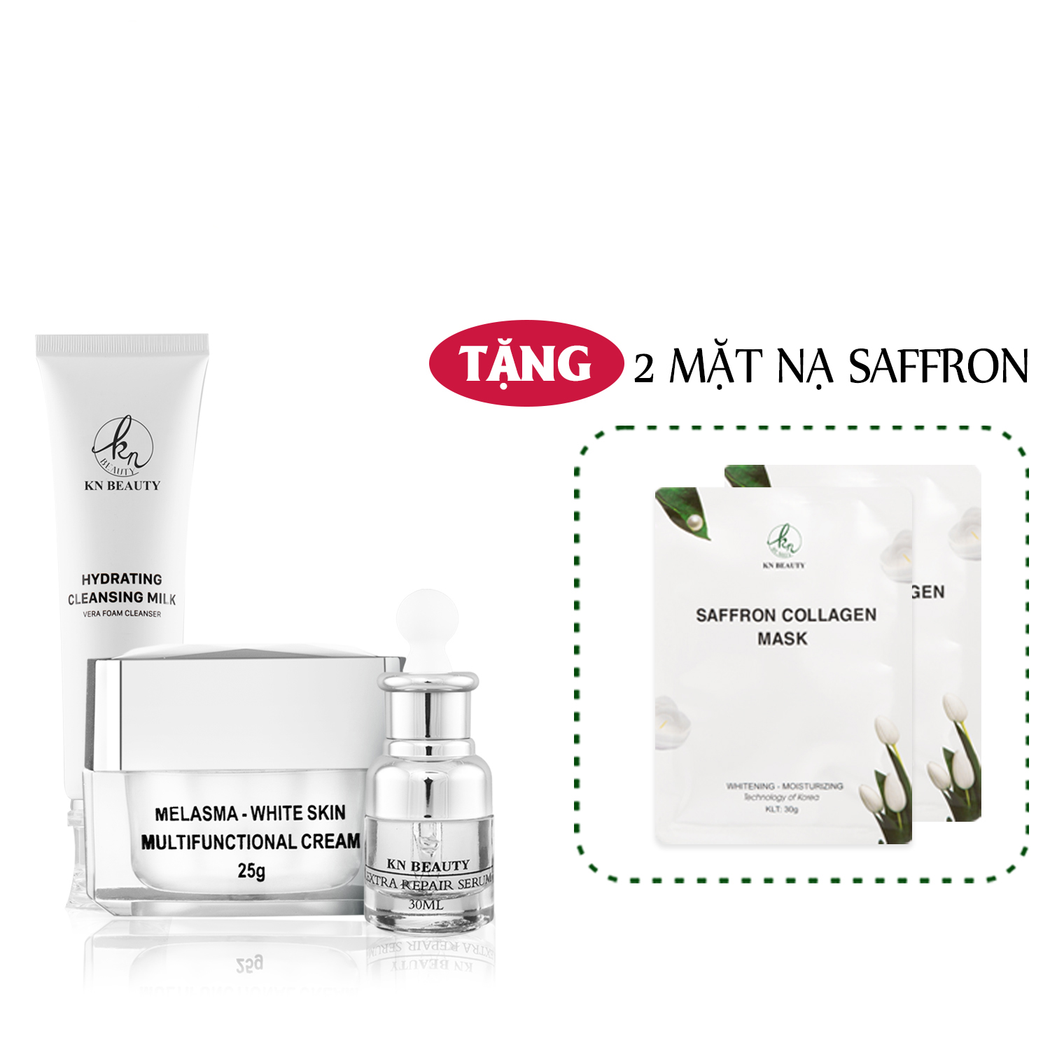 Bộ 3 sản phẩm Trắng Da Ngừa Nám KN Beauty chuyên sâu:Kem dưỡng + Serum + Sữa rửa mặt  (Tặng 2 Mặt Nạ)