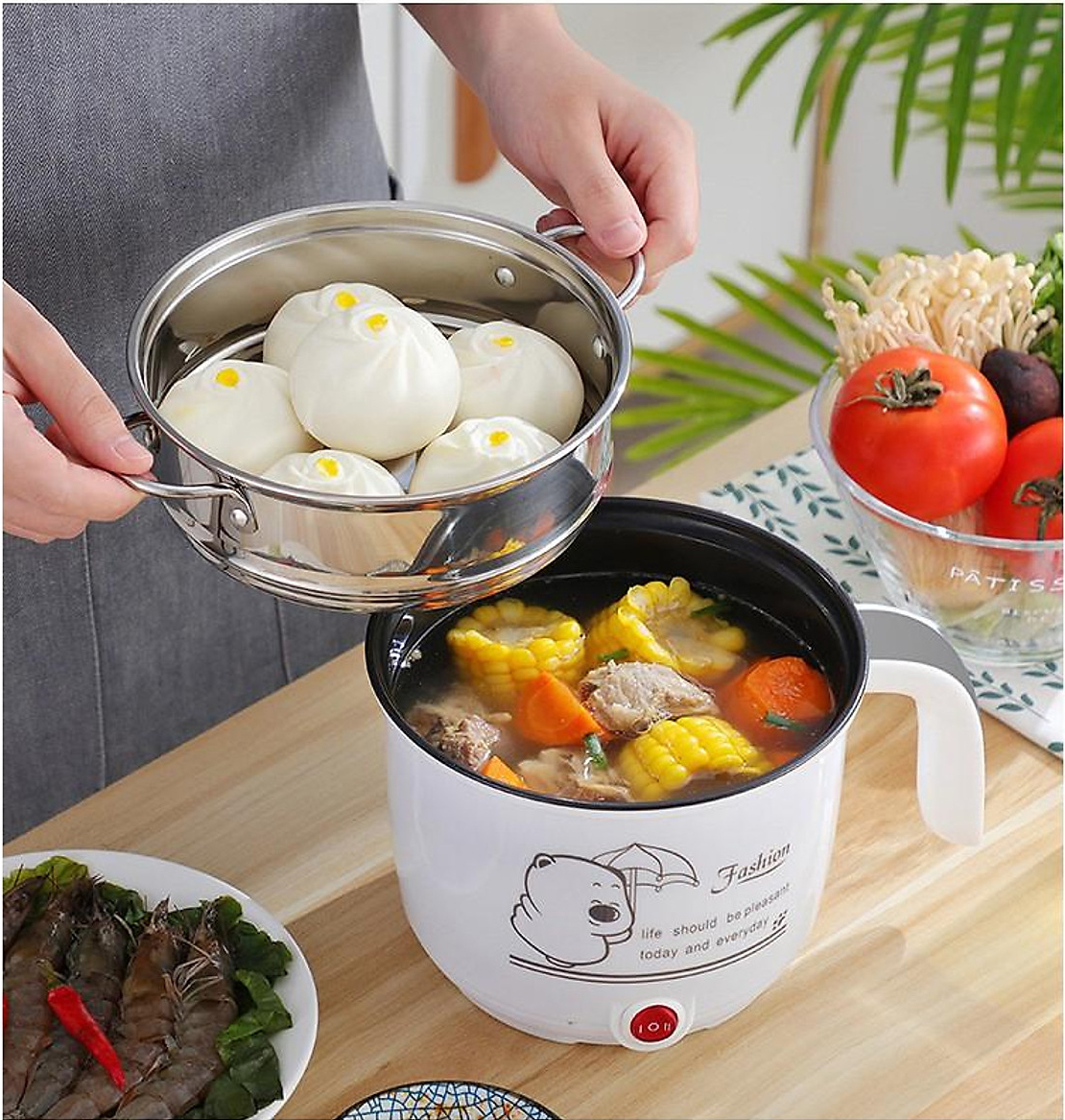 Nồi lẩu điện mini cầm tay có lòng hấp - Ca mỳ điện mini