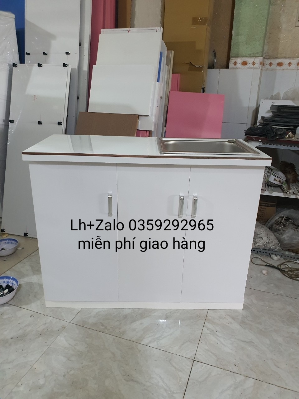 Tủ bếp mini nhựa đài Loan mặt gạch có chậu rửa