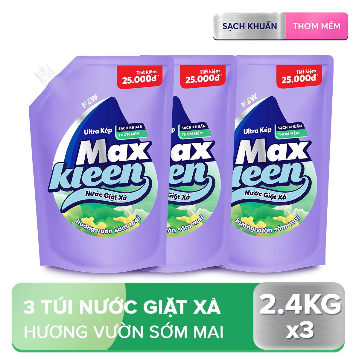 Combo 3 Túi Nước Giặt Xả Maxkleen Hương Vườn Sớm Mai (2.4kg/túi)