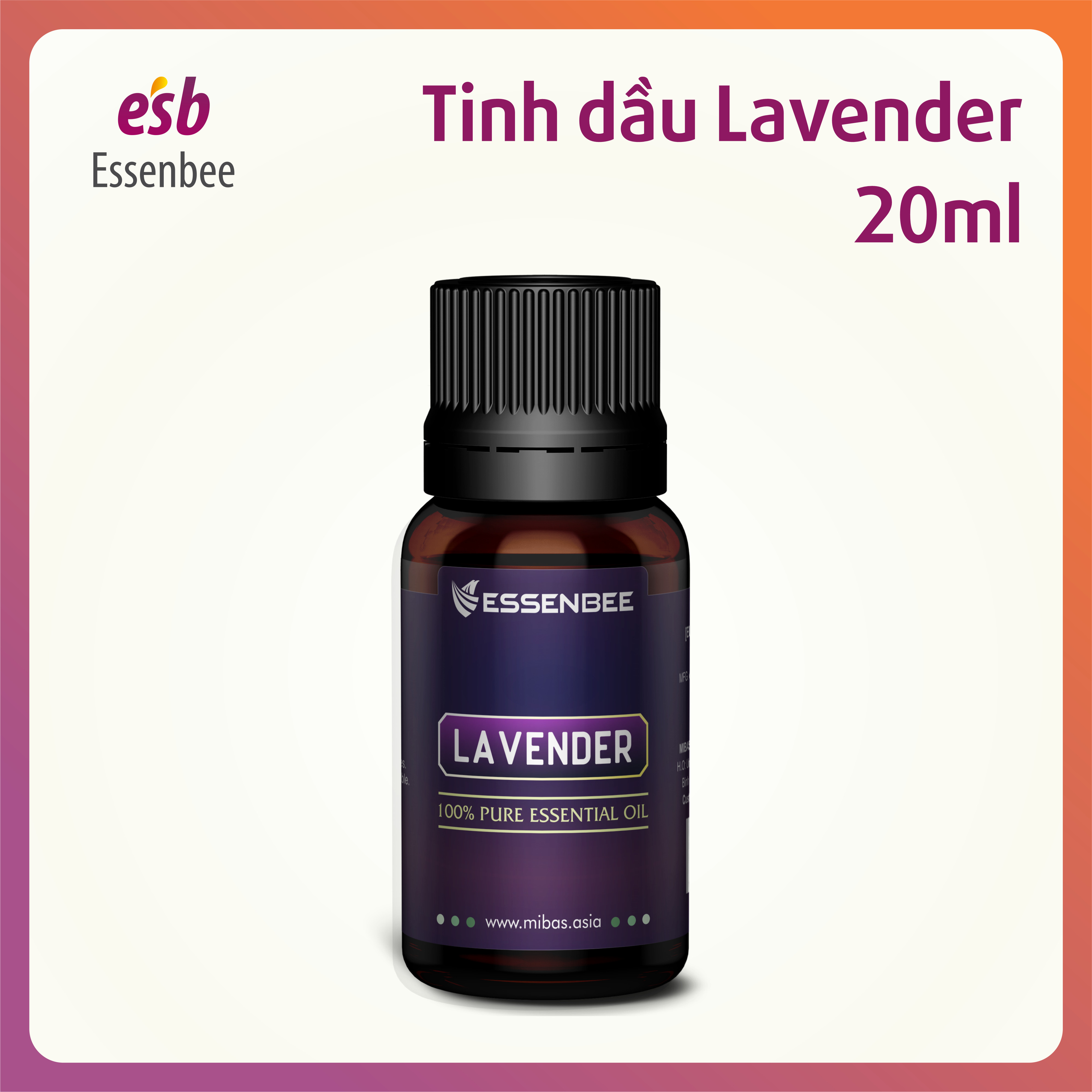 Tinh dầu thiên nhiên Hoa Lavender - Essenbee - 20ml - Hỗ trợ thư giãn tinh thần, giảm stress, chống trầm cảm. Kháng khuẩn, khử mùi, tái tạo không khí trong lành. Xua muỗi hiệu quả và an toàn cho trẻ em. 