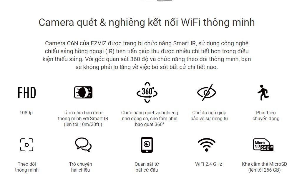 Camera WiFi Trong Nhà EZVIZ C6N 2MP 1080P, Xoay 360 độ Đàm Thoại 2 Chiều - Bảo Hành 24 Tháng