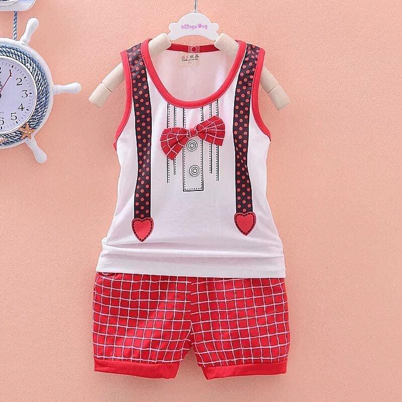 Bộ quần áo ba lỗ bé trai in hình dễ thương có gắn nơ sành điệu size 6-19kg