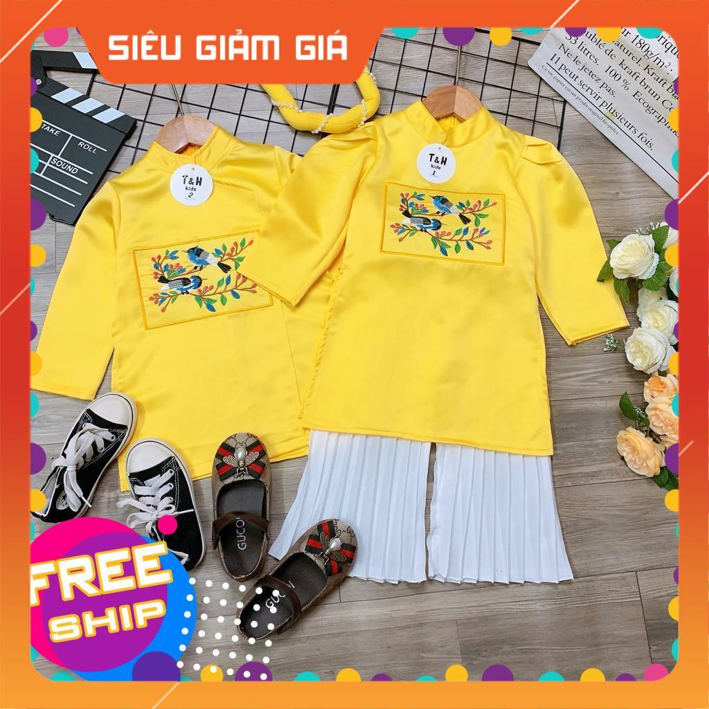 Áo dài cách tân gấm màu vàng thêu bé trai bé gái