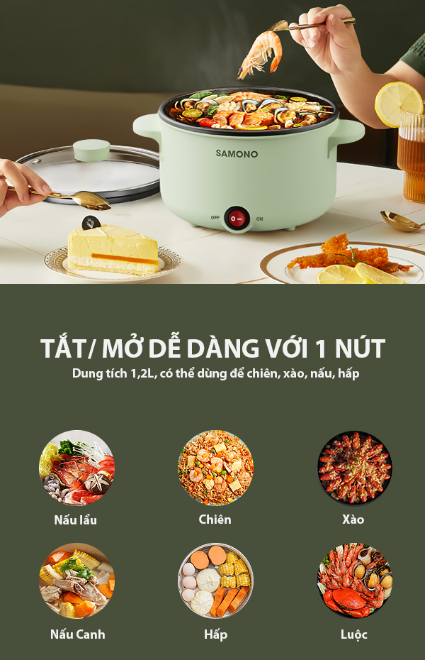 Nồi Điện Đa Năng SAMONO SW-DG04 Lòng Nồi Chống Dính Dung Tích 1.2 Lít Công Suất 600W Chất Liệu An Toàn Thực Phẩm Kèm Nồi Hấp HÀNG CHÍNH HÃNG