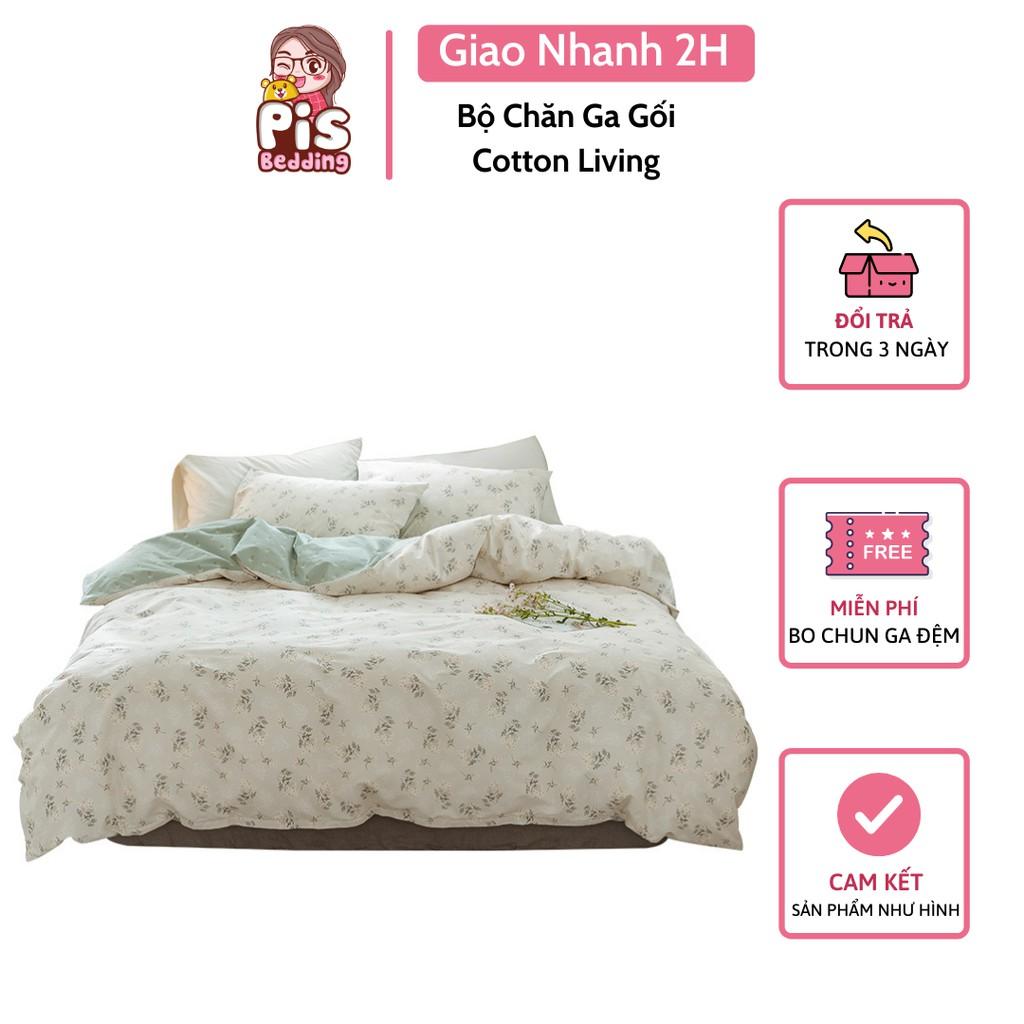 Bộ Chăn Ga Gối Thiết Kế Cotton Living Hoa Nhí Ga Xanh