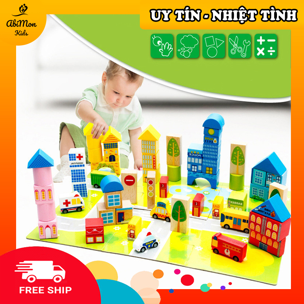 Bộ Xếp Hình Gỗ Thành Phố Cho Bé (120 chi tiết mẫu MỚI - 160 chi tiết mẫu cũ) || Montessori cao cấp || Đồ chơi Gỗ - Giáo dục - An toàn - Thông minh