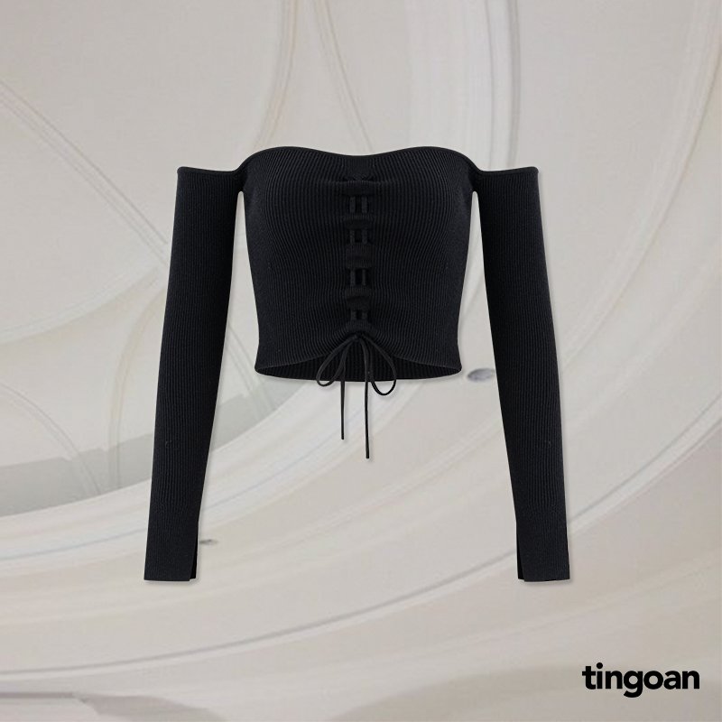 Áo len đen trễ vai rút dây tay dài sẻ vạt LUCIA TOP/BL