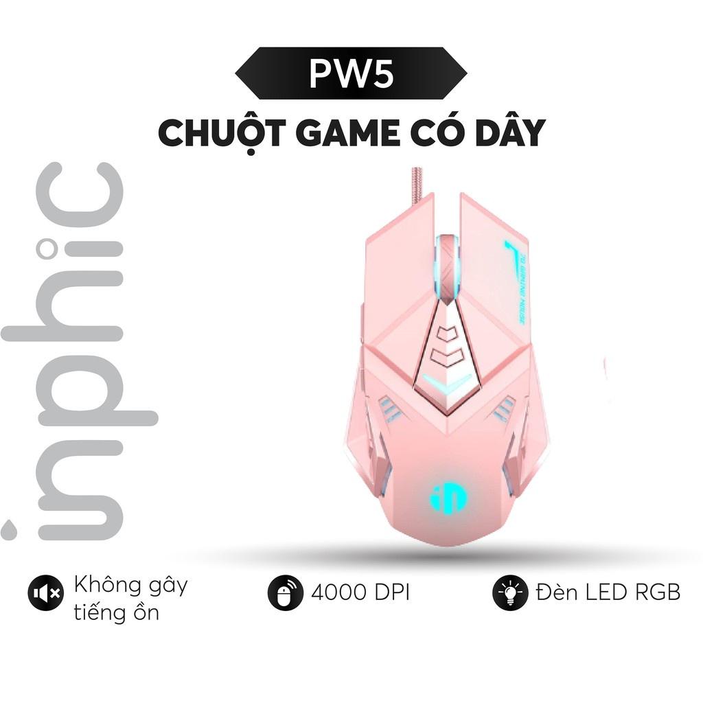 Chuột chơi game có dây Inphic PW5 màu hồng siêu cute hỗ trợ điều chỉnh DPI 4 tốc độ lên đến 4800