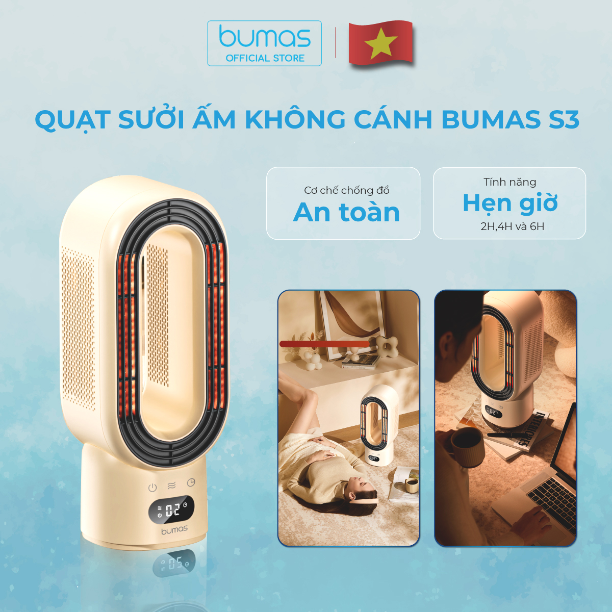 Quạt Sưởi Ấm Mini Không Cánh BUMAS S3 – Máy Sưởi Gốm Gia Nhiệt Nhanh Chóng – Không Gây Khô Da, An Toàn, Tiết Kiệm Năng Lượng - Hàng Chính Hãng