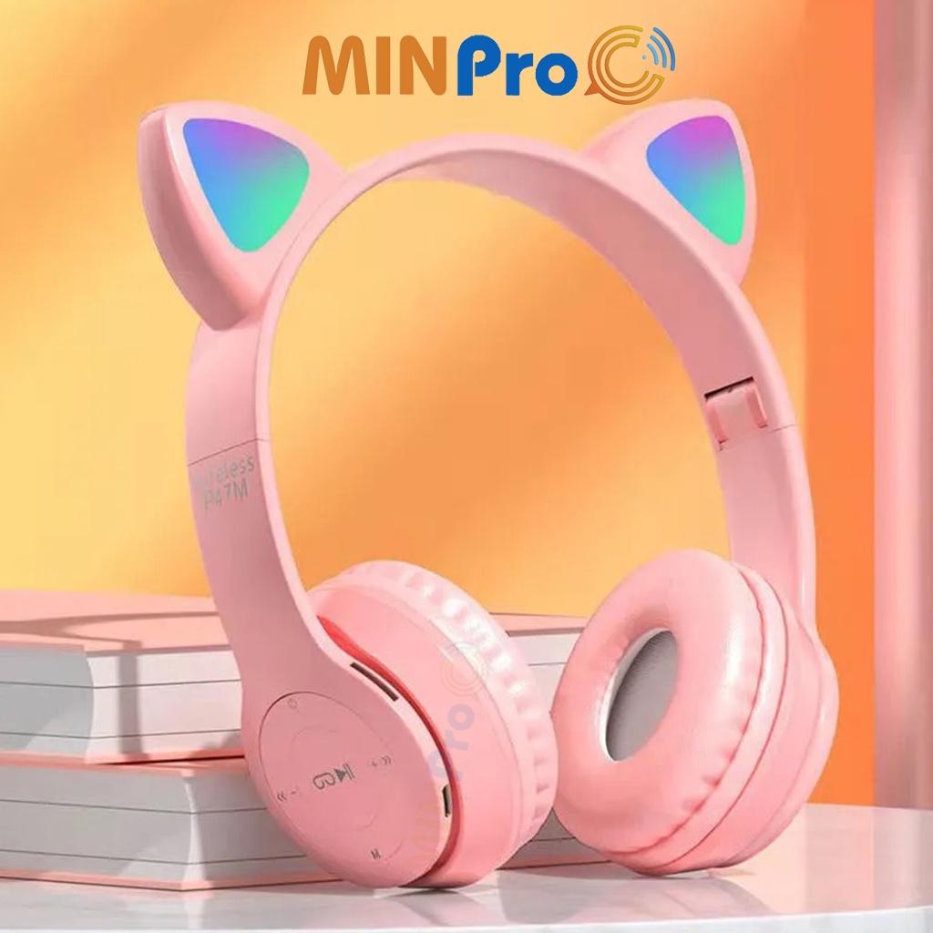 Tai nghe chụp tai mèo bluetooth 5.0 cute, Headphone tai mèo 7 màu led phát sáng không dây có mic - MINPRO