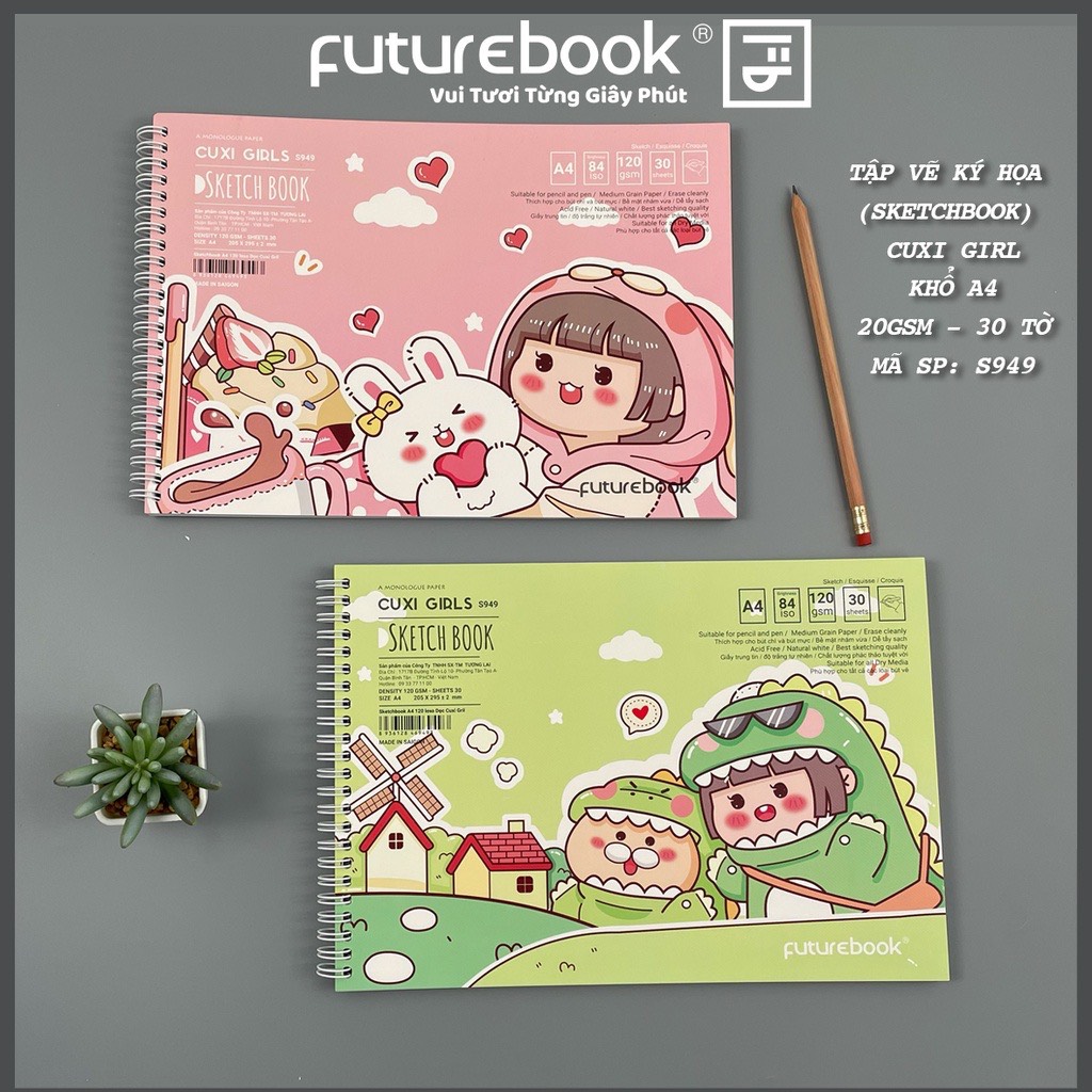 Tập Vẽ Ký Hoạ (SketchBook) Cuxi Girl- A4- 120GSM- 30 Tờ- Lò xo lật dọc. MSP: S949. VPP FUTUREBOOK. (Giao Mẫu Ngẫu Nhiên)