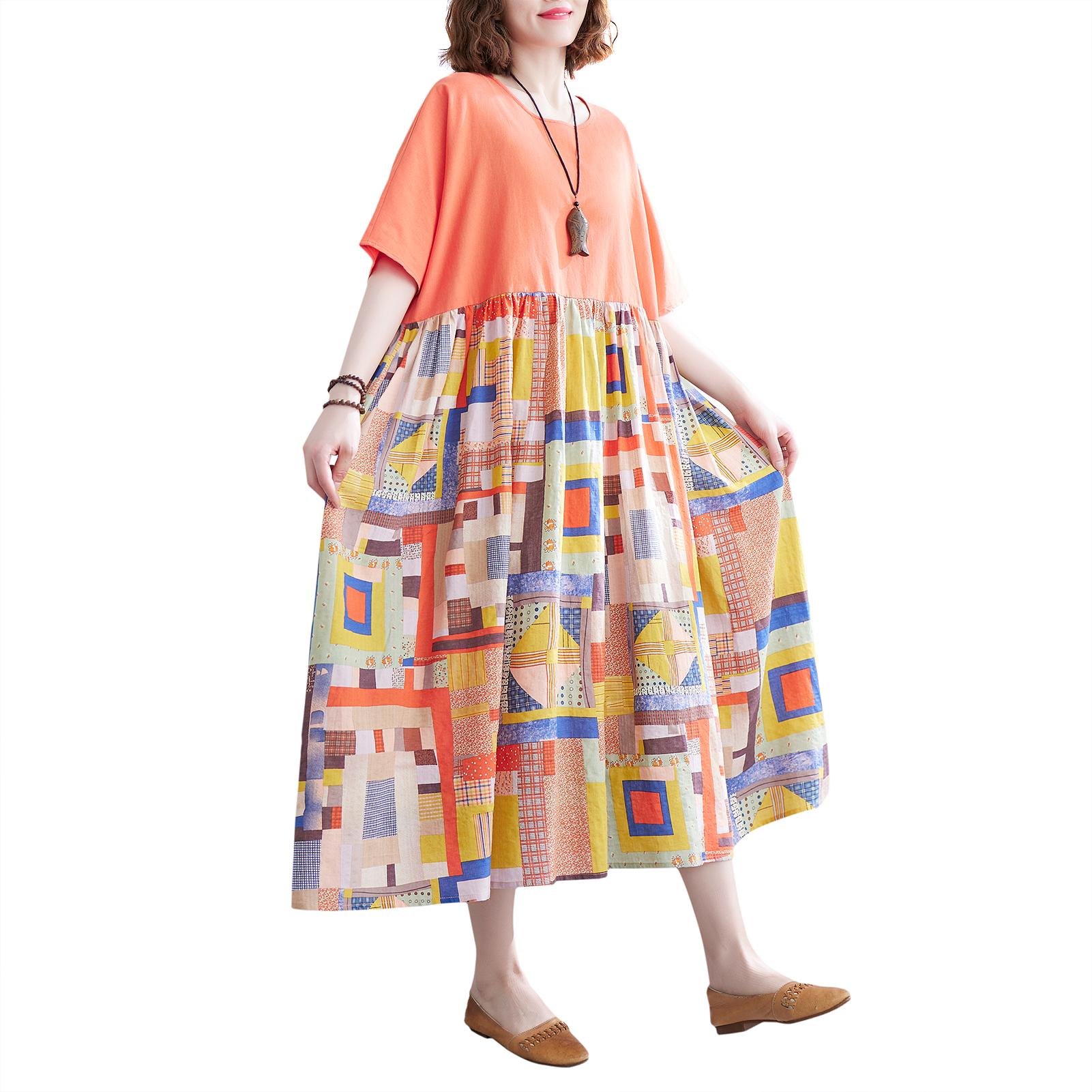 Women Casual Dress Contrast Color Print Pockets Loose O-Neck Short Sleeves Plus Size Summer Dress