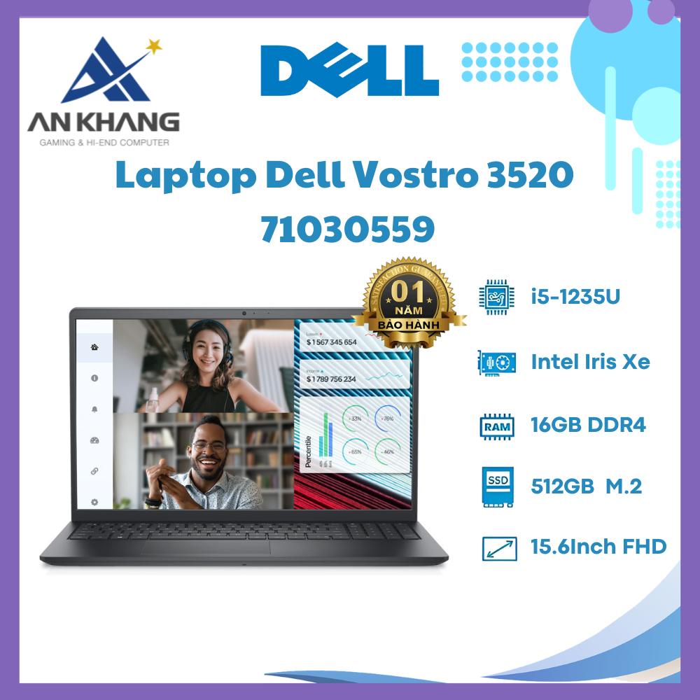 Laptop Dell Vostro 3520 71030559 (i5 1235U/ 16GB/ 512GB SSD/15.6 inch FHD/Win 11/ Office/ Titan Grey/1Y) - Hàng Chính Hãng - Bảo Hành 12 Tháng