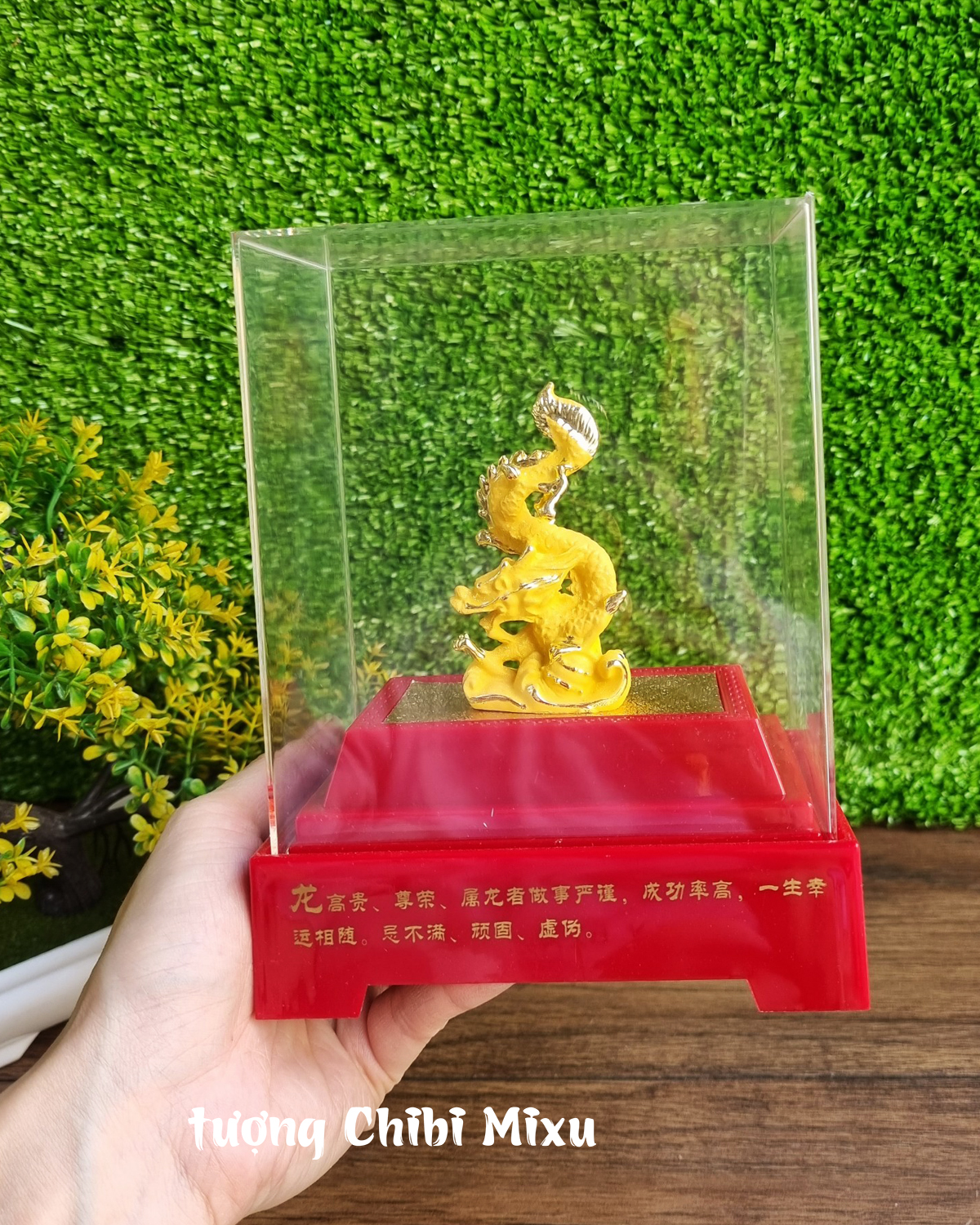 Tượng Rồng phủ cát vàng may mắn trong lồng kính mica Giàu có Quà tặng Đồ trang trí