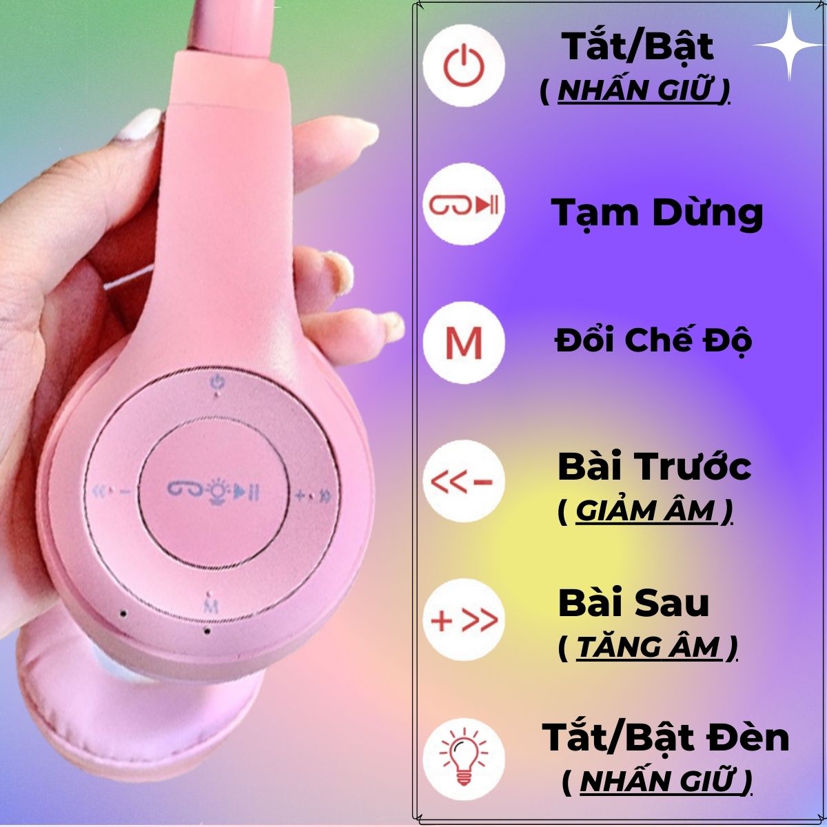 Tai Nghe Mèo Bluetooth Dễ Thương Kèm Đèn Led Phát Sáng Có Mic,Nghe Nhạc Cực Hay Âm Bass Mạnh Mẽ , Nệm Tai Êm Ái MZ-P47