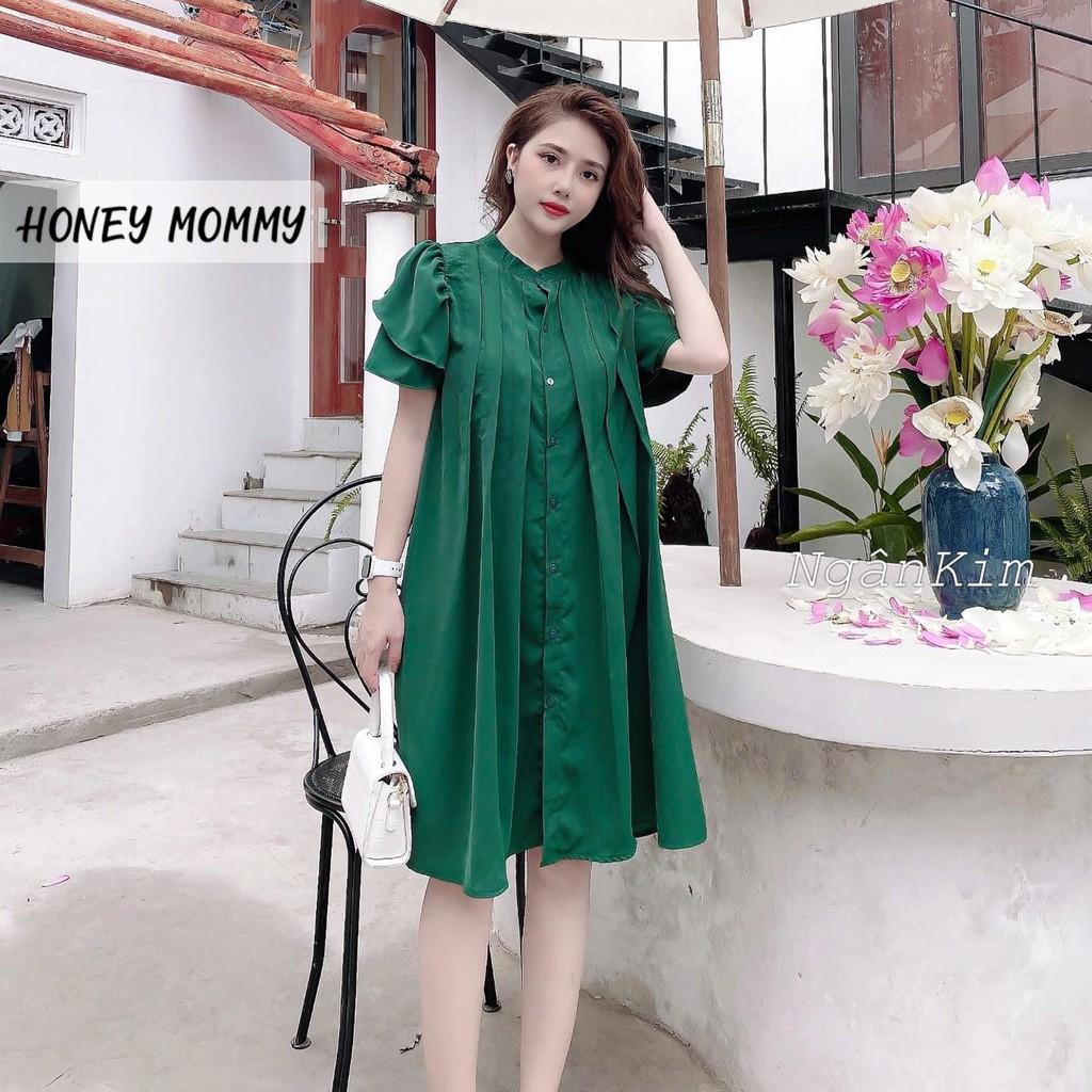 Váy Bầu Sơ Mi Cổ Tàu Xếp Ly Dáng Suông Công Sở HD2626 Honey Mommy Đầm Bầu Hè Ngắn Tay