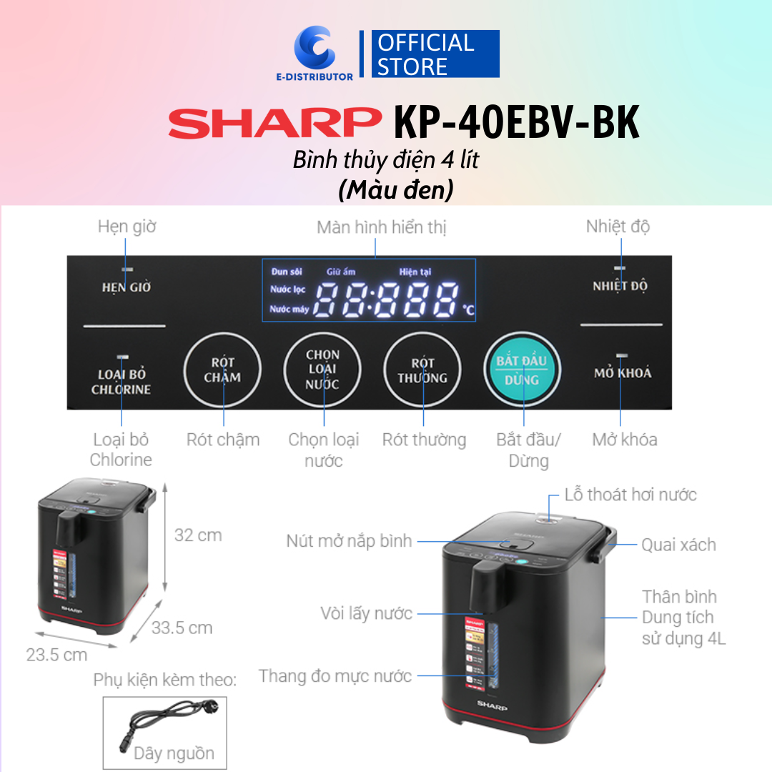 Bình Thủy Điện SHARP KP-40EBV-ST/WH/BK - Hàng Chính Hãng