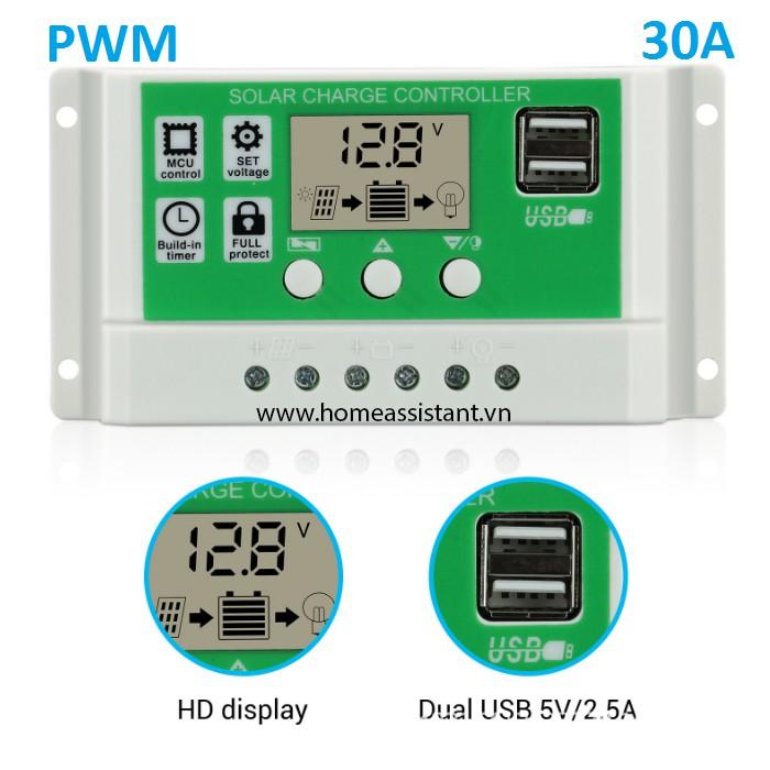 Bộ Điều Khiển Sạc Năng Lượng Mặt Trời PWM 30A Hỗ Trợ Pin Lithium PB02