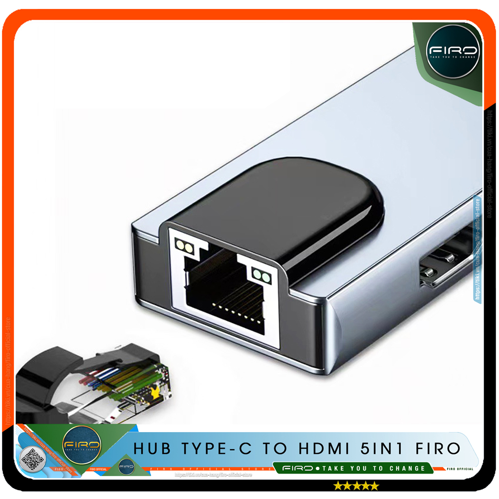 Hub Type C FIRO 5in1 - Hub Chuyển Đổi Type C To HDMI Chuẩn HDTV - 1 Cổng Mạng Lan, 1 Cổng HDMI/HDTV 4K, 2 Cổng USB 3.0, 1 Cổng Sạc Nhanh Type C PD - Kết Nối Nhiều Thiết Bị Với Tốc Độ Cao - Dùng Cho Tivi/Laptop/Playstation/PC/Smartphone – Hàng Chính Hãng