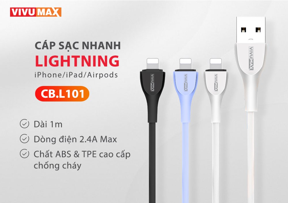 Cáp sạc nhanh và truyền dữ liệu VivuMax L101 đầu sạc Lightning (IPhone/IPad/Airpods) dòng điện 2.4A siêu bền - 1m Cho IPhone/IPad/Airpods - Hàng Chính Hãng