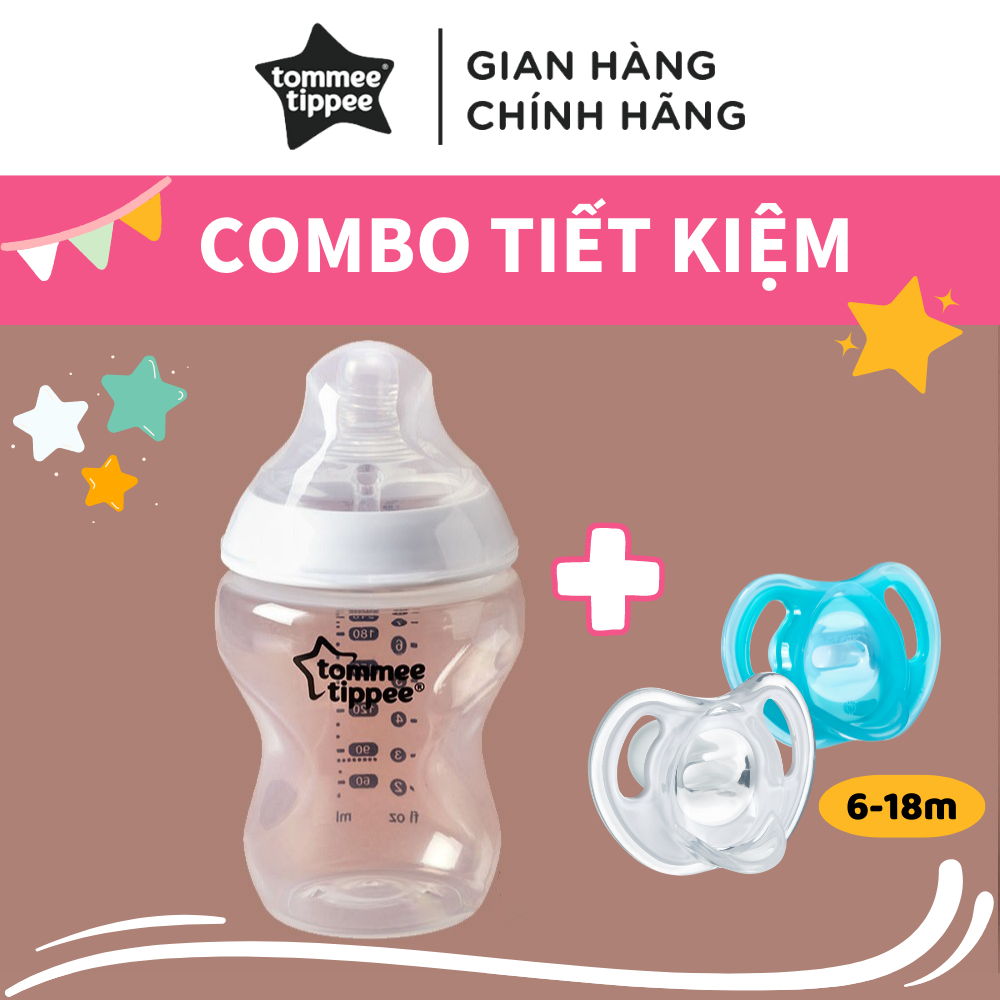 COMBO Ty Ngậm Silicon Siêu Nhẹ Tommee Tippee Ultra Light 6-18m &amp; Bình Sữa Ty Siêu Mềm Tommee Tippee Natural Start 260ml