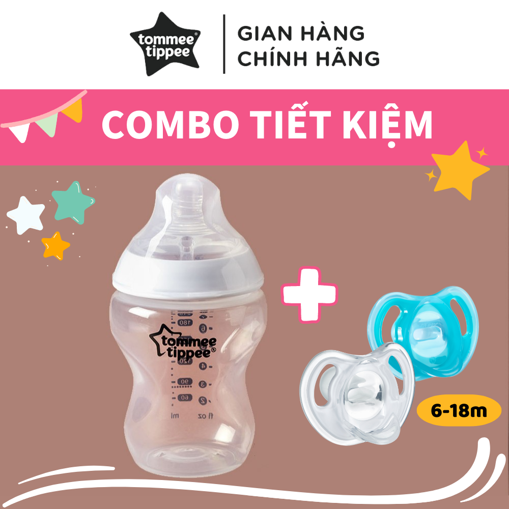 COMBO Bình sữa ty siêu mềm tự nhiên Tommee Tippee Closer to Nature 260ml &amp; Ty ngậm silicon siêu nhẹ cho bé Tommee Tippee Ultra Light 6-18 tháng (vỉ đôi) - Xanh dương/Trắng