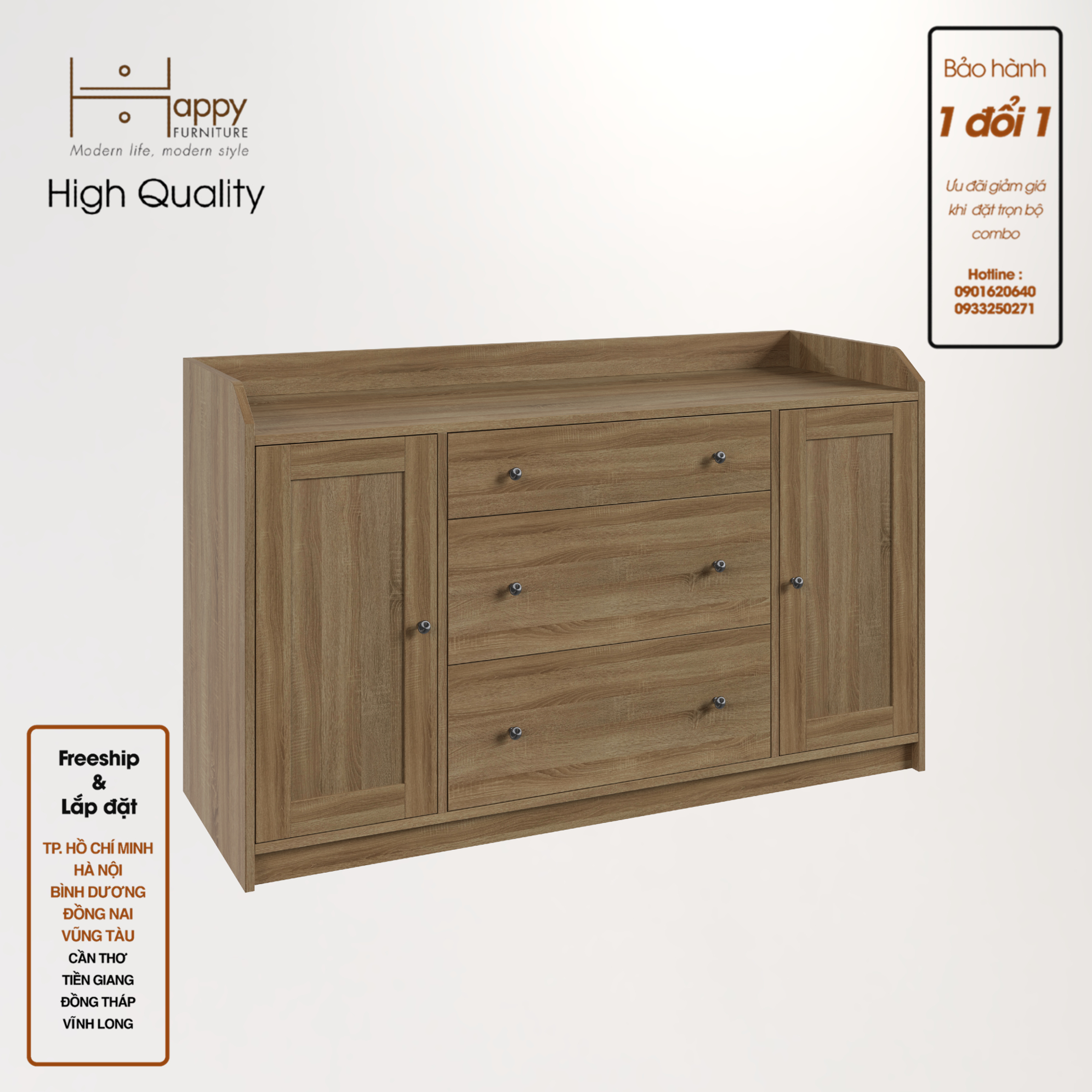 [Happy Home Furniture] CANA,  Tủ 2 cửa mở - 3 ngăn kéo ,  140cm x 46cm x 84cm ( DxRxC), THK_007