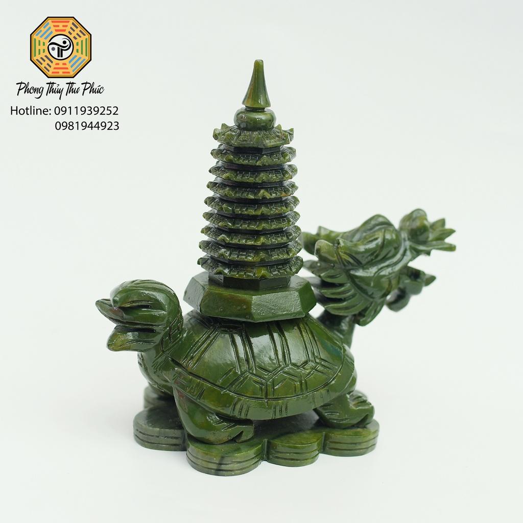 Tượng Long Quy cõng tháp văn xương 9 tầng , đá sarphentine  màu xanh,Kích thước cao 18 x 17 x 10 cm, nặng 1,3kg