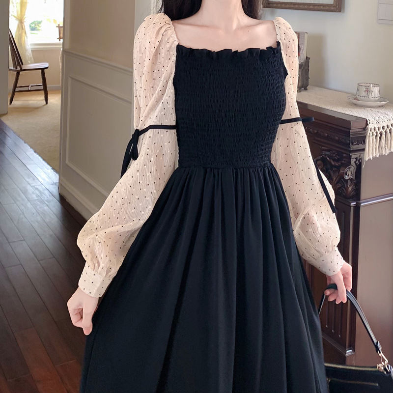 Đầm Nữ Dịu Dàng Cổ vuông xếp ly nhỏ thanh lịch đầm đen cao cấp màu trà nâu siêu cổ tích lưới khâu đầm ngọt ngào Sica19