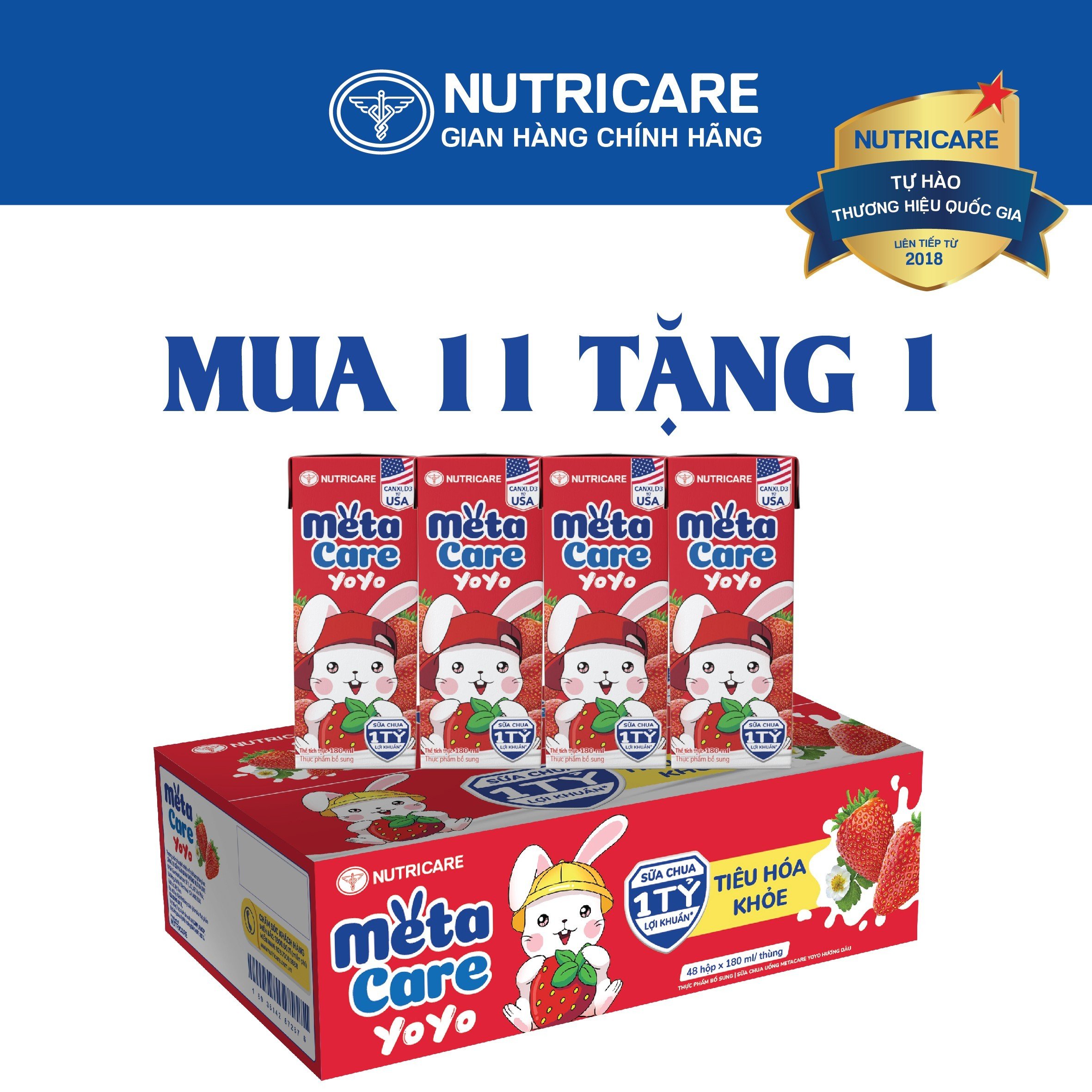 [Mua 11 lốc tặng 1] Sữa nước Nutricare MetaCare Yoyo vị chua hương DÂU 1 tỷ lợi khuẩn (180ml)