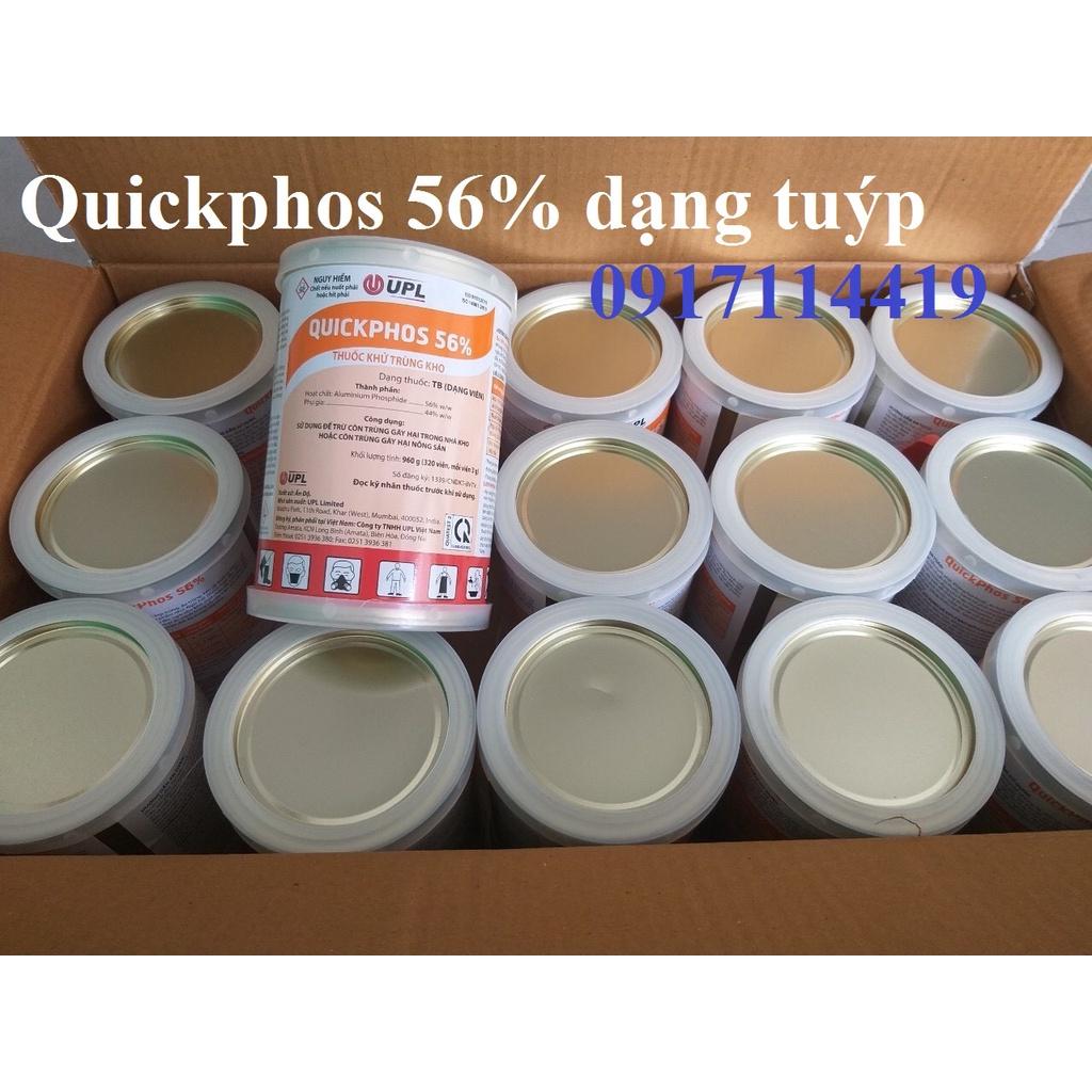 Sản phẩm khử trùng, diệt mọt nông sản Quickphos 56% xuất xứ Ấn Độ. Dạng viên tròn có tuýp, 1 hộp nặng 960g (320 viên).