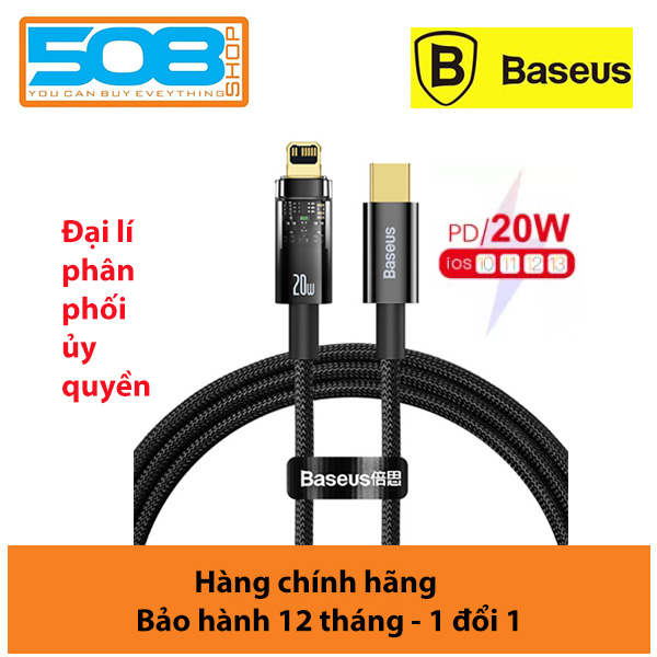 Cáp Sạc Nhanh Baseus 20W, Cáp Sạc Nhanh Tự Ngắt Gen2 Baseus Explorer Series Cho Iphoneipad Type C To Iphone Auto Power - Off, Pd 20W - Hàng Chính Hãng - Đen - 1M