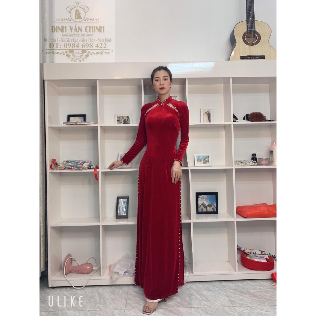 Áo dài nhung cô dâu thiết kế mới tông đỏ sang trọng_ADNCD01