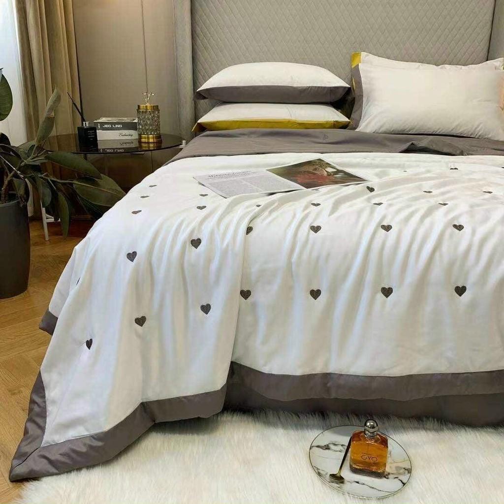 Set chăn ga lụa hoạt tính thêu tim mẫu mới, chăn chần bông SÉT 4 MÓN